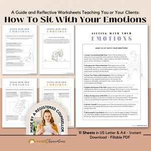 Op de afbeelding: Een set printbare werkbladen getiteld How To Sit With Your Emotions, met instructieteksten, lijntekeningen van personen en reflectievragen. De documenten zijn beschikbaar in A4-formaat als een invulbare PDF-download.