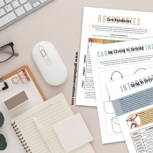 May include: A set of printable worksheets with the title "Care Boundaries" and "Am I Caring vs Carrying". The worksheets are designed to help people understand the difference between caring and carrying for others.