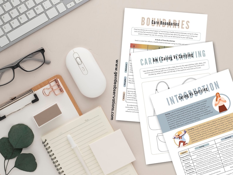 May include: A set of printable worksheets with the title "Care Boundaries" and "Am I Caring vs Carrying". The worksheets are designed to help people understand the difference between caring and carrying for others.