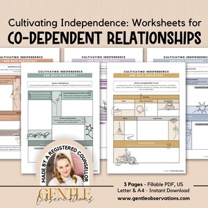 May include: A set of worksheets titled Cultivating Independence: Worksheets for CO-DEPENDENT RELATIONSHIPS. The pages feature sections for self-reflection, identifying personal interests, and scheduling, with line art illustrations and pastel color accents.