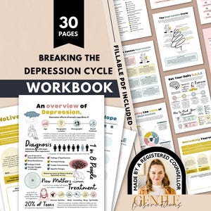 The image is a collection of educational materials related to depression, including worksheets, diagrams, and infographics. The materials are organized into a workbook format, which includes 30 pages of information about the depression cycle. The text in the image is clear and concise, focusing on providing an overview of depression and its causes.
