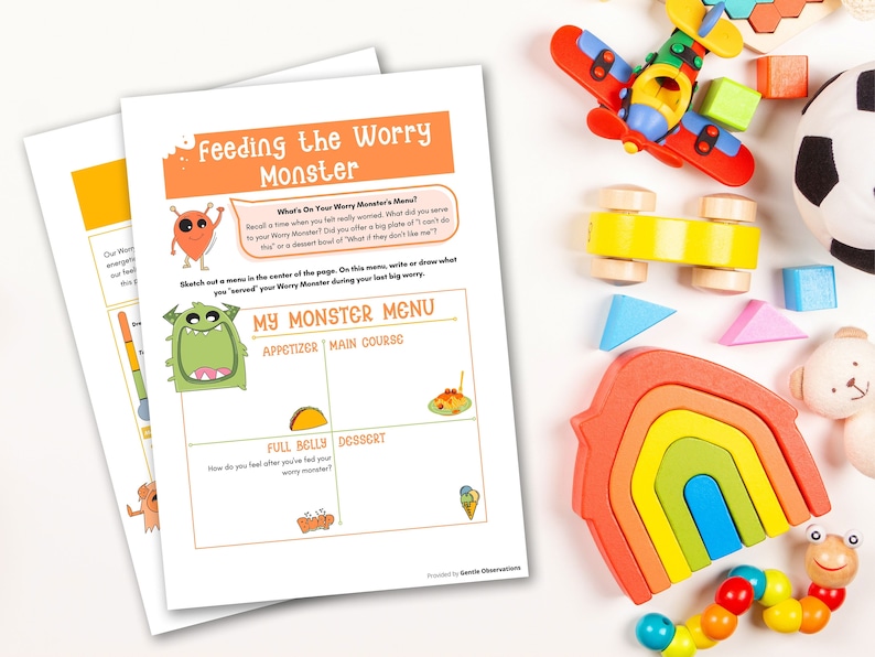 Puede incluir: Una hoja de trabajo imprimible titulada "Alimentando al Monstruo de la Preocupaci&oacute;n" con un monstruo de dibujos animados en la p&aacute;gina. La hoja de trabajo est&aacute; dise&ntilde;ada para ayudar a los ni&ntilde;os a identificar y manejar sus preocupaciones creando un "men&uacute; del monstruo de la preocupaci&oacute;n".