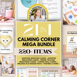 Calm Corner Bundle für Kinder, Arbeitsblätter zur emotionalen Regulierung, Bewältigungsfähigkeiten, Gefühle der Kinder, Atemkarten für Kinder, SEL