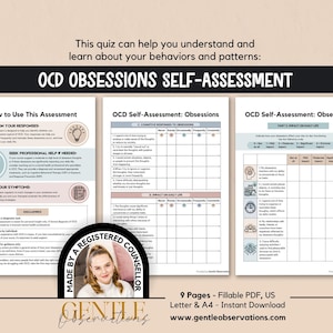 May include: A three-page OCD Obsessions Self-Assessment document featuring sections on how to use the assessment, cognitive responses to obsessions, and impact on daily life. Includes a circular badge with a portrait and the text Made by a Registered Counsellor.