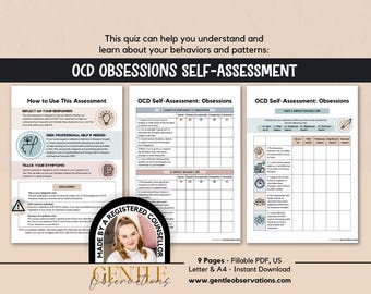 May include: A three-page OCD Obsessions Self-Assessment document featuring sections on how to use the assessment, cognitive responses to obsessions, and impact on daily life. Includes a circular badge with a portrait and the text Made by a Registered Counsellor.
