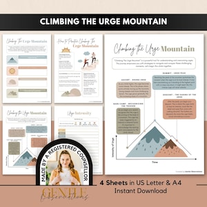 The image is a collage of four printed materials, including a title page, a worksheet, a poster, and a booklet, all related to climbing the Urge Mountain.