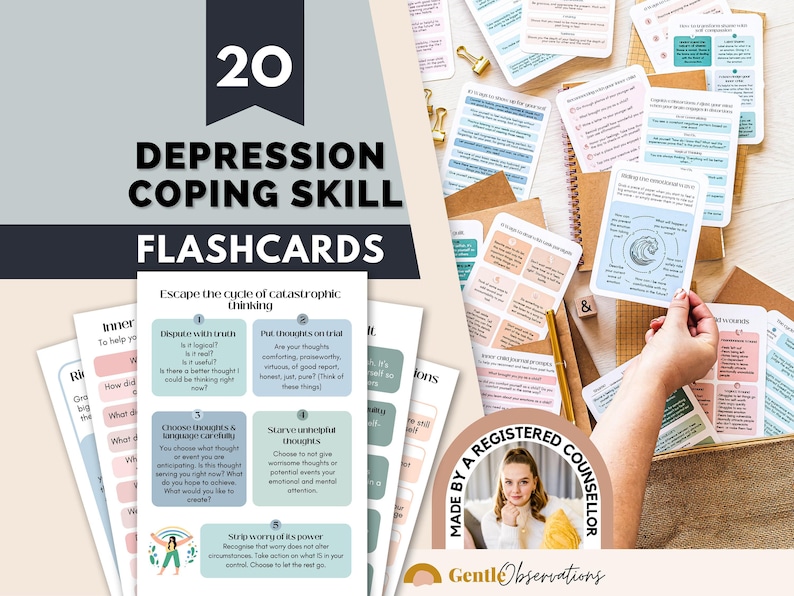 Tarjetas de habilidades para afrontar la depresión, sanación del niño interior, distorsiones cognitivas, habilidades para afrontar la vergüenza, diario de perfeccionismo, terapia cognitivo conductual para la ansiedad. imagen 1