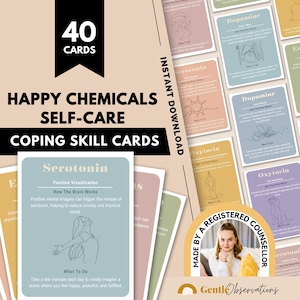 Tarjetas de habilidades de afrontamiento de Happy Chemicals para la ansiedad y la depresión, tarjetas de habilidades de afrontamiento de terapia somática, habilidades de afrontamiento de autocuidado, neuropsicología