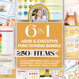 Zestaw arkuszy roboczych ADHD Executive Functioning dla dzieci, Planer ADHD, Poradnictwo ADHD, Karty umiejętności radzenia sobie z regulacją emocji, Umiejętności społeczne