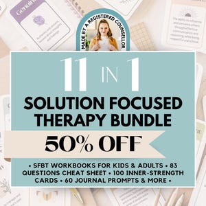 Pode incluir: Um pacote de terapia focada em soluções 11 em 1 com um gráfico retangular azul claro e texto preto. O texto diz 11 IN 1 SOLUTION FOCUSED THERAPY BUNDLE 50% OFF, SFBT WORKBOOKS FOR KIDS & ADULTS, 83 QUESTIONS CHEAT SHEET, 100 INNER-STRENGTH CARDS, 60 JOURNAL PROMPTS & MORE.