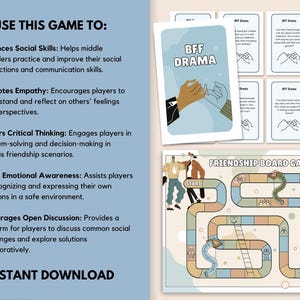 Juego de mesa de habilidades sociales y amistad para niños, aprendizaje socioemocional, comunicación asertiva, resolución de conflictos, terapia de grupo y relaciones saludables. imagen 2