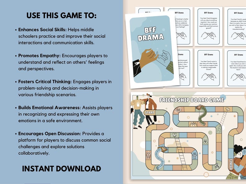 Juego de mesa de habilidades sociales y amistad para niños, aprendizaje socioemocional, comunicación asertiva, resolución de conflictos, terapia de grupo y relaciones saludables. imagen 2