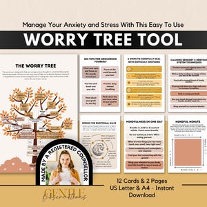 The Worry Tree-werkbladen, GAS-angstverlichting, uitdagende cognitieve vervormingen, CGT-therapie, angstinterventie, ACT-bladen, therapiehulpmiddel
