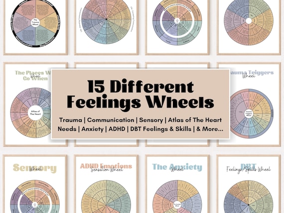 15 Feelings Wheels: Trauma, Trauma Reactions, Anxiety, Atlas of The Heart, Power & Control, Self-Care, DBT Skills, Somatic, ADHD, Sensory