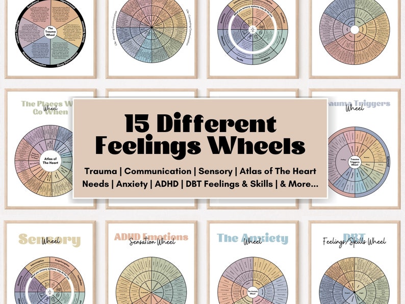 May include: A collection of 15 printable feelings wheels, each with a different theme, including trauma, communication, sensory, atlas of the heart, needs, anxiety, ADHD, DBT feelings & skills, and more.