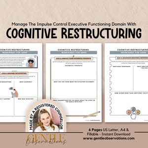May include: Three pages of a Cognitive Restructuring Worksheet for ADHD. The pages feature sections titled Step 1: Describe the Situation, Step 2: Identify Your Automatic Thoughts, and Step 3: Recognize Emotional Responses, with prompts and illustrations.