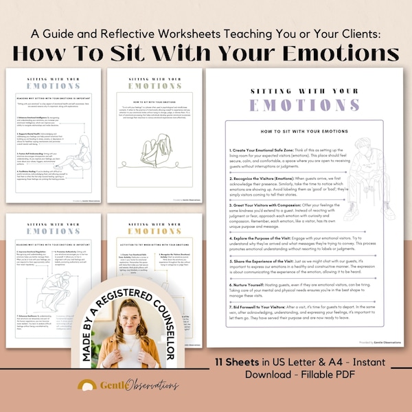 Sitting With Your Emotions - Self-Awareness & Emotional Regulation Tool for Adults, Managing Anxiety and Depression Worksheets, Mindfulness