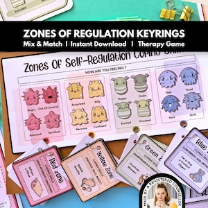 Op de afbeelding: Educatieve Zones of Regulation sleutelhangers voor emotioneel leren. De afbeelding toont een grafiek met verschillende emotionele toestanden en bijbehorende copingvaardigheden, met de tekst "Zones of Regulation Keyrings". Inclusief kleurgecodeerde zonekaarten.