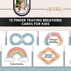 May include: A set of 12 finger tracing breathing cards for kids featuring various shapes like butterflies, rainbows, hexagons, and diamonds. Each card includes instructional text such as Begin Here, Breathe in, and Breathe out to guide children through calming exercises.