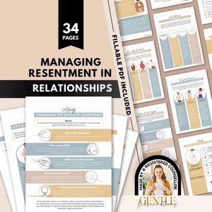 Op de afbeelding: Een 34-pagina tellend invulbaar PDF-werkboek getiteld Managing Resentment in Relationships. Het document bevat een zacht kleurenpalet van beige, blauw en bruin, met diverse werkbladen, geïllustreerde iconen en tekstuele secties voor reflectie.