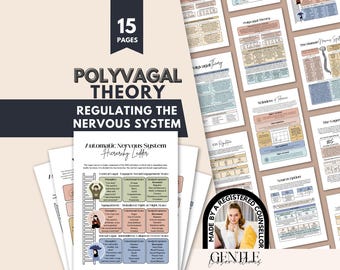 Peut inclure: Un ensemble de 15 pages éducatives intitulé Polyvagal Theory Regulating the Nervous System. Les pages présentent des graphiques, des diagrammes et du texte expliquant l'échelle hiérarchique du système nerveux autonome, la neuroception et le nerf vague.