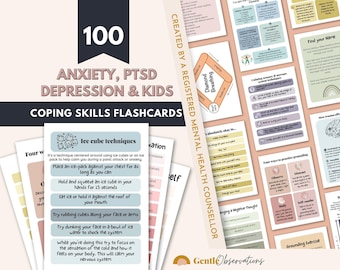 Op de afbeelding: Een set van 100 copingvaardigheden-flashcards voor angst, PTSS en depressie, gemaakt door een geregistreerde geestelijke gezondheidsadviseur. De kaarten bevatten diverse technieken, waaronder ijsblokjesmethoden en aardingsoefeningen.