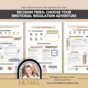 The image is a printed educational material titled "Decision Trees: Choose Your Emotional Regulation Adventure" with three pages featuring a diagram and text explaining emotional regulation techniques.