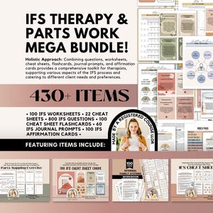 Puede incluir: Un paquete digital titulado IFS Therapy & Parts Work Mega Bundle que incluye más de 430 artículos, como 100 hojas de trabajo, 22 hojas de referencia, 800 preguntas, 100 tarjetas didácticas, 60 diarios y tarjetas de afirmación.