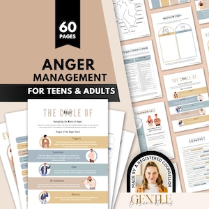 Puede incluir: Un libro de ejercicios de control de la ira de 60 páginas para adolescentes y adultos con hojas de trabajo tituladas The Cycle of Anger, Identifying My Triggers y Active Listening. Las páginas utilizan una paleta de colores suaves en beige, azul y blanco.