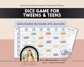 Juego de dados de orientación escolar para adolescentes y preadolescentes. Terapia de grupo, terapia de exploración de habilidades de afrontamiento. Preguntas para la ansiedad, la depresión y más.