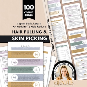 May include: A collection of printable documents titled 100 Coping Skills for Hair Pulling and Skin Picking. The pages feature text, charts, and diagrams in muted tones of beige, green, and purple, including a circular badge stating Made by a Registered Counsellor.