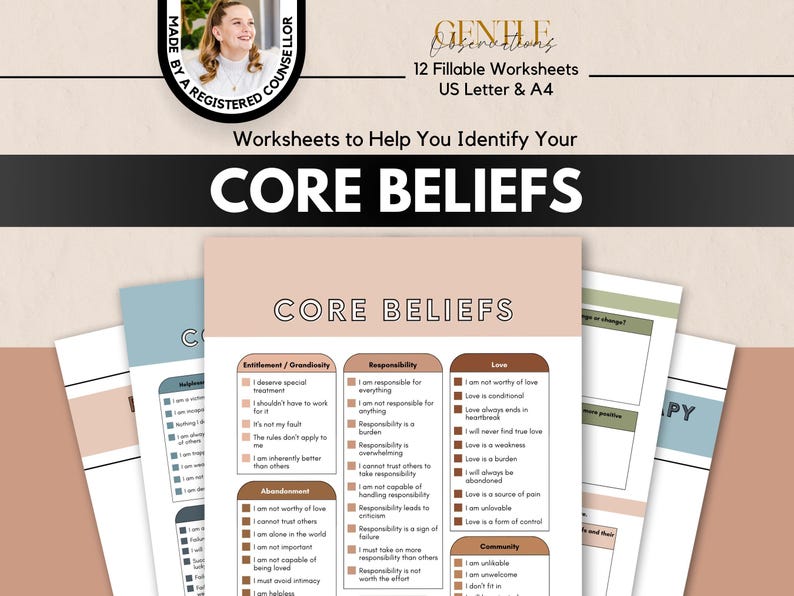 The image is a promotional poster for a worksheet titled "Core Beliefs" that helps individuals identify their core beliefs. The poster features a woman's face in the top left corner and the text "GENTLE" and "12 Filedle Worksheets US Letter & A4" in the top right corner. The worksheet is designed to assist people in understanding their beliefs and values, and it includes a list of different types of beliefs and their corresponding questions.