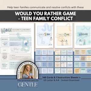 Puede incluir: Un juego titulado "Would You Rather Game - Teen Family Conflict" con hojas de instrucciones y tarjetas. El juego incluye 148 tarjetas y 1 hoja de instrucciones. El juego está diseñado para ayudar a las familias de adolescentes a comunicarse y resolver conflictos.