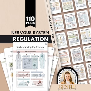 May include: A 110-page Nervous System Regulation digital workbook featuring educational diagrams, charts, and text. The pages include information on the central and peripheral nervous systems, coping techniques, and body regulation strategies.