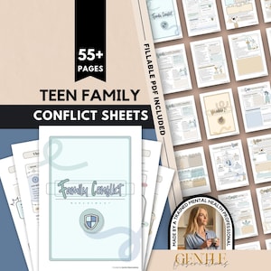 Könnte beinhalten: Eine Sammlung von über 55 Seiten mit dem Titel Teen Family Conflict Sheets, bestehend aus ausfüllbaren PDF-Arbeitsblättern in Hellblau, Beige und Weiß, inklusive verschiedener Diagramme, Textvorgaben und einem Schild-Symbol auf dem Deckblatt.