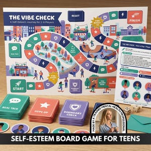 May include: A board game titled The Vibe Check featuring a colorful path through a city, including stacks of Real Talk, Hype Up, and Boundary Check cards, a set of instructions, two dice, player tokens, and a teal envelope.