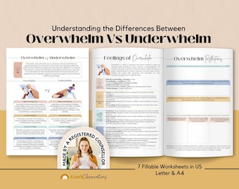 May include: A set of fillable worksheets titled Understanding the Differences Between Overwhelm Vs Underwhelm. The pages feature text, icons, and illustrations explaining emotional states, symptoms, and coping strategies, with a circular badge stating Made by a Registered Counsellor.