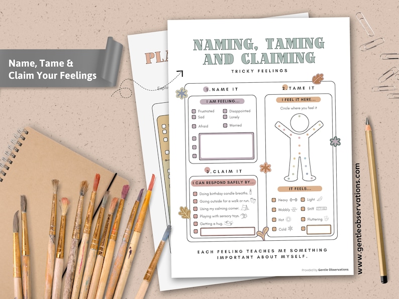 May include: Printable worksheet with a light brown background and a light blue title "Naming, Taming and Claiming Tricky Feelings". The worksheet is divided into three sections: "Name It", "Tame It", and "Claim It". Each section has a list of questions and activities to help children identify, manage, and cope with difficult emotions.