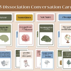 May include: A set of 35 conversation cards designed to help people understand and discuss dissociation. The cards feature different illustrations and phrases related to dissociation, such as "My brain feels foggy" and "The world around me seems unreal".