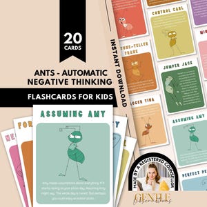 以下が含まれることがあります： 「ANTS - AUTOMATIC NEGATIVE THINKING FLASHCARDS FOR KIDS」と題された20枚のフラッシュカードセット。各カードには、ユニークな名前を持つ漫画の蟻のキャラクターと、子供向けの特定の否定的な思考パターンを説明する短いテキストが記載されています。