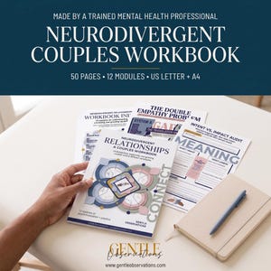 Könnte beinhalten: Ein Arbeitsbuch für neurodivergente Paare mit 50 Seiten und 12 Modulen, dessen Einband kreisförmige Diagramme und den Text Neurodivergent Relationships A Couples Workbook zeigt. Enthält zusätzliche gedruckte Seiten und einen blauen Stift.