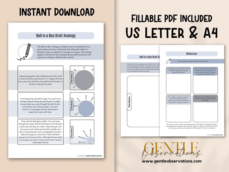 May include: Printable worksheet with a visual analogy of grief using a ball in a box. The worksheet explains how grief can feel overwhelming at first, but over time, it becomes easier to manage. The worksheet includes a reflection section with prompts for journaling.