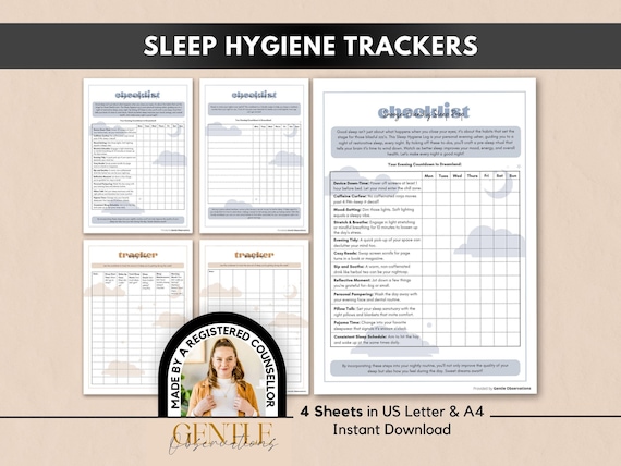 Sleep Hygiene Trackers for Better Sleep, Sleep Hygiene Journals, Improving Your Sleep Cycle, Self-Care Insomnia Worksheets, Therapy Sheets