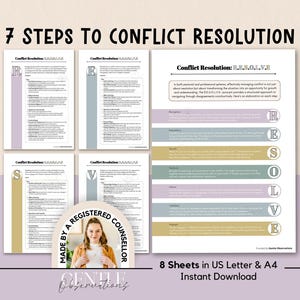 Op de afbeelding: Een digitaal document getiteld 7 Steps to Conflict Resolution met het acroniem R.E.S.O.L.V.E. De lay-out bevat gedetailleerde tekstuele uitleg voor elke stap, kleurgecodeerde secties in gedempte tinten en een ronde badge met de tekst Made by a Registered Counsellor.
