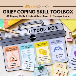 Trauer und Verlust-Toolbox für Kinder Trauerbewältigung Fertigkeitskarten, Trauerauffordernisse, Traueraffirmationen, Trauer-Arbeitsblätter, soziales und emotionales Lernwerkzeug