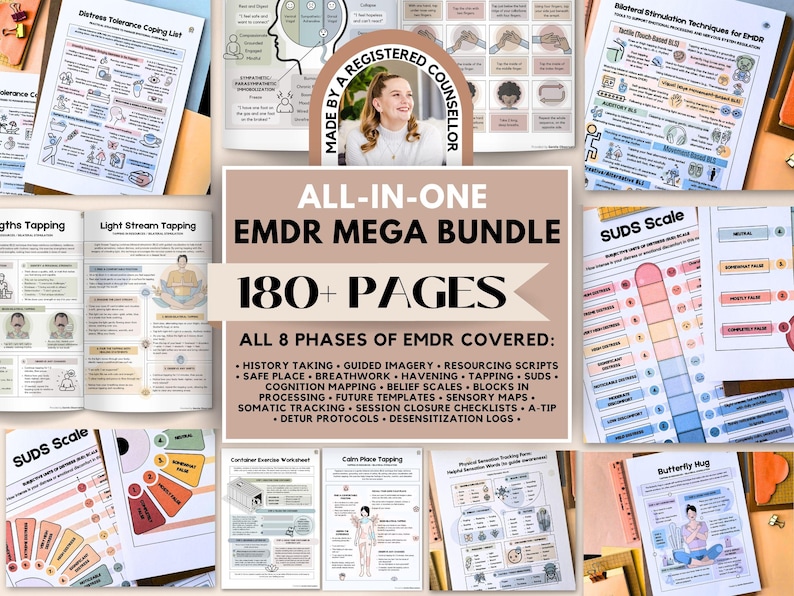 May include: An all-in-one EMDR mega bundle with over 180 pages, covering all 8 phases of EMDR. The bundle includes worksheets and guides on topics like history taking, guided imagery, and somatic tracking. The image features various colorful pages.