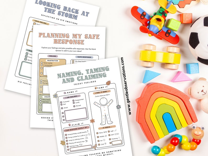 May include: Three printable worksheets for children to help them learn to identify, manage, and cope with big emotions. The worksheets are titled "Looking Back at the Storm", "Planning My Safe Response", and "Naming, Taming, and Claiming".