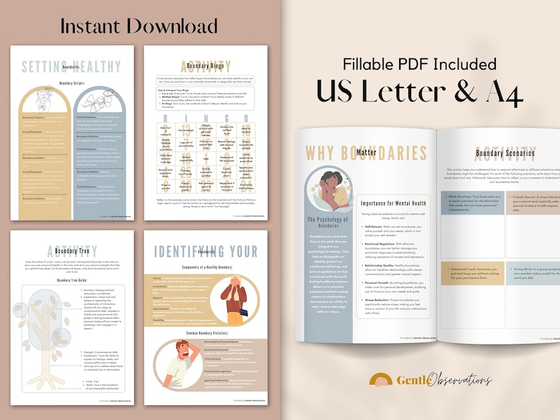 May include: A printable workbook with activities and information about setting healthy boundaries. The workbook includes a bingo game, a tree diagram, and a section on the psychology of boundaries. The cover features a light blue and beige color scheme with illustrations of people.