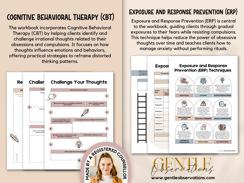 May include: A printable workbook for Cognitive Behavioral Therapy (CBT) and Exposure and Response Prevention (ERP) techniques. The workbook includes worksheets with instructions and examples for challenging negative thoughts and managing anxiety. The workbook is designed for use by a registered counselor.