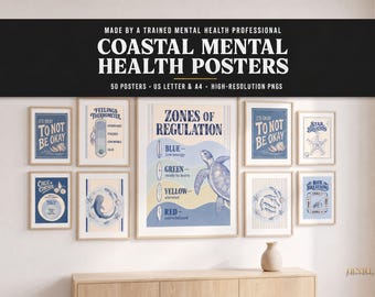 Mental Health Posters, Coastal Theme Coping Skills and Emotional Regulation Classroom Counseling Office Decor, 50 Printable Posters